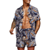 New Trend Men Hawaiian Sets Summer Feather Printing Short Sleeve