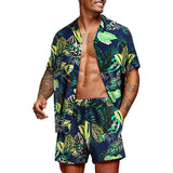 New Trend Men Hawaiian Sets Summer Feather Printing Short Sleeve