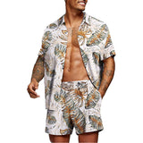 New Trend Men Hawaiian Sets Summer Feather Printing Short Sleeve