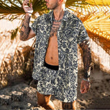 New Trend Men Hawaiian Sets Summer Feather Printing Short Sleeve