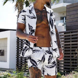 New Trend Men Hawaiian Sets Summer Feather Printing Short Sleeve