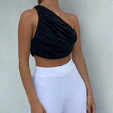 One Shoulder Crop Top Women Sexy Sleeveless Ruched Tank Top