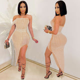 Women Sexy Spaghetti Strap Mesh See Through Rhinestone Bodycon Party