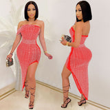 Women Sexy Spaghetti Strap Mesh See Through Rhinestone Bodycon Party